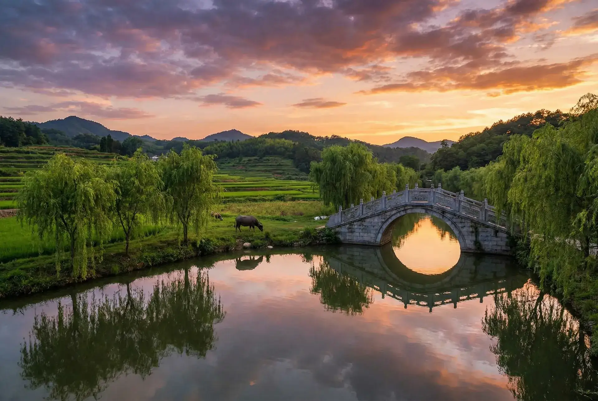 夕阳下的石拱桥与垂柳，水牛在河边吃草 - 啦啦啦视频在线观看手机版1 乡村美景